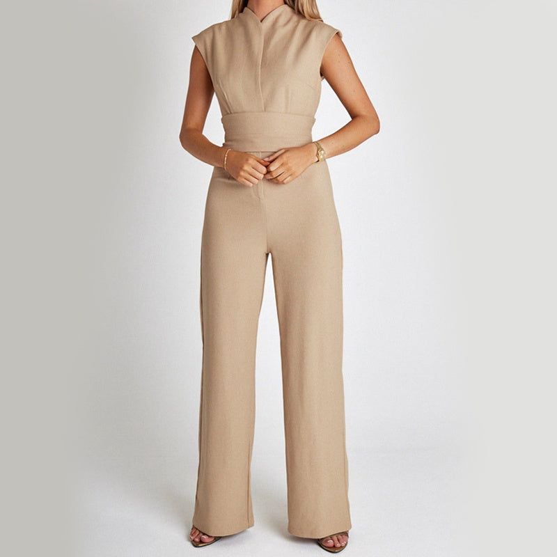 Women’s sleeveless wide leg jumpsuit with V-neck and high waist in summer casual chic style