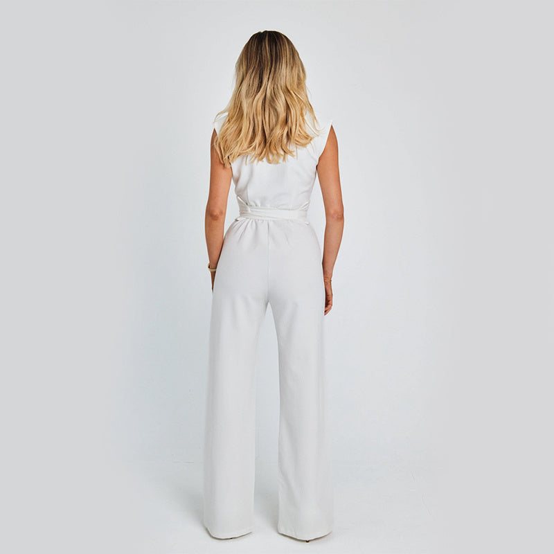 Women’s sleeveless wide leg jumpsuit with V-neck and high waist in summer casual chic style