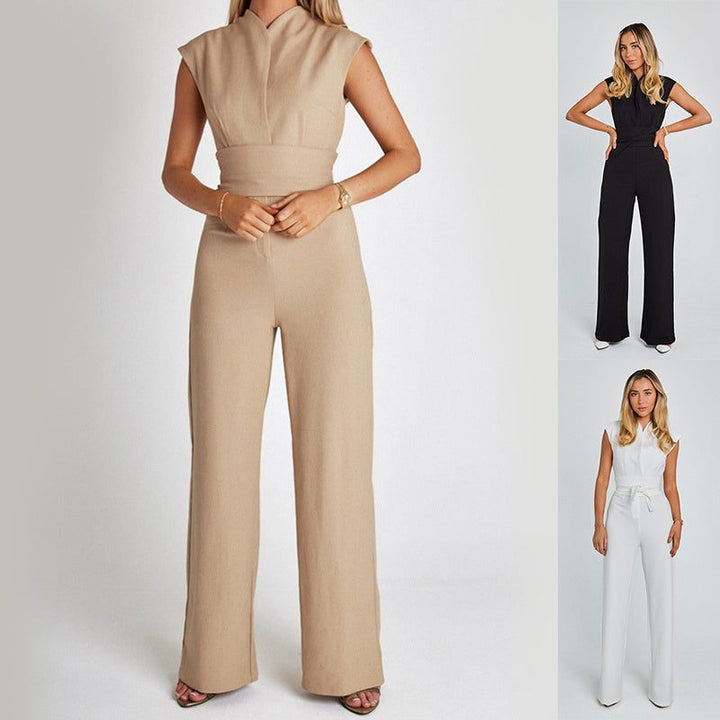 Women’s sleeveless wide leg jumpsuit with V-neck and high waist in summer casual chic style