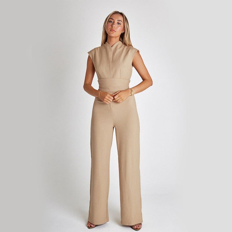 Women’s sleeveless wide leg jumpsuit with V-neck and high waist in summer casual chic style