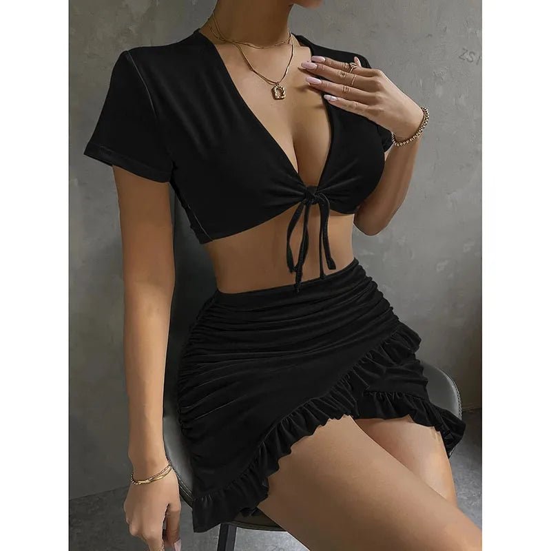 Women’s Patchwork Ruffle Skirt Set in solid color, V-neck top, short sleeves, and breathable spandex polyester fabric