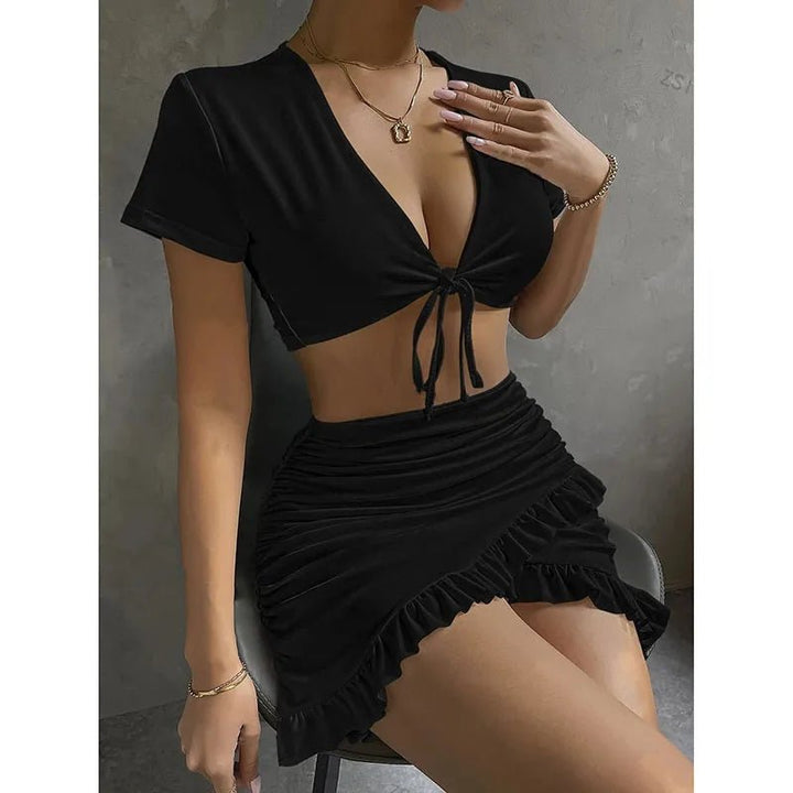 Women’s Patchwork Ruffle Skirt Set in solid color, V-neck top, short sleeves, and breathable spandex polyester fabric