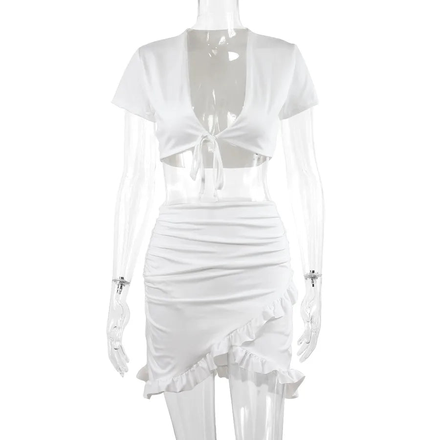 Women’s Patchwork Ruffle Skirt Set in solid color, V-neck top, short sleeves, and breathable spandex polyester fabric