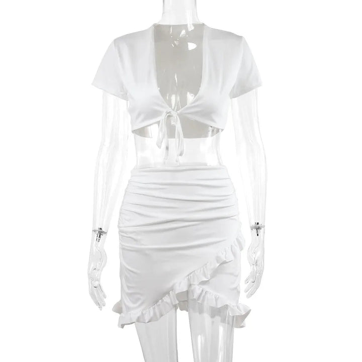 Women’s Patchwork Ruffle Skirt Set in solid color, V-neck top, short sleeves, and breathable spandex polyester fabric