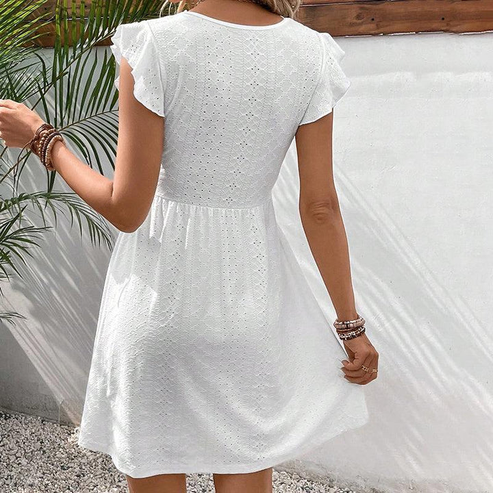 Women's Lace Mini Sundress – V - Neck Summer Dress with Ruffle Sleeves & Crochet Accents - Glow Goddess
