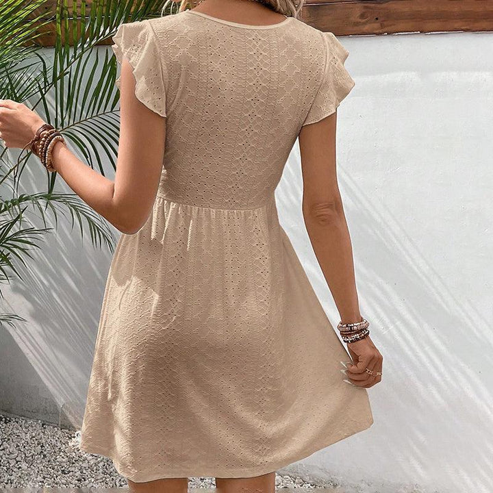 Women's Lace Mini Sundress – V - Neck Summer Dress with Ruffle Sleeves & Crochet Accents - Glow Goddess