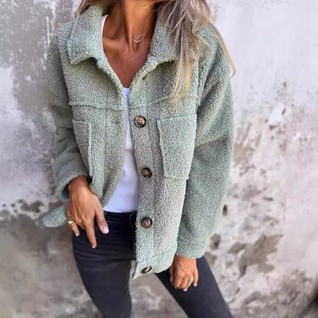 Women's Lamb Wool Coat Winter Lapel Single Breasted Jacket Outwear Warm Cropped Tops Clothing - Glow Goddess