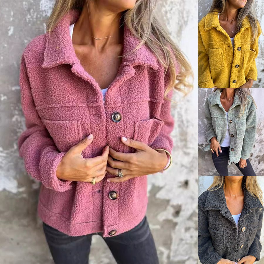 Women's Lamb Wool Coat Winter Lapel Single Breasted Jacket Outwear Warm Cropped Tops Clothing - Glow Goddess