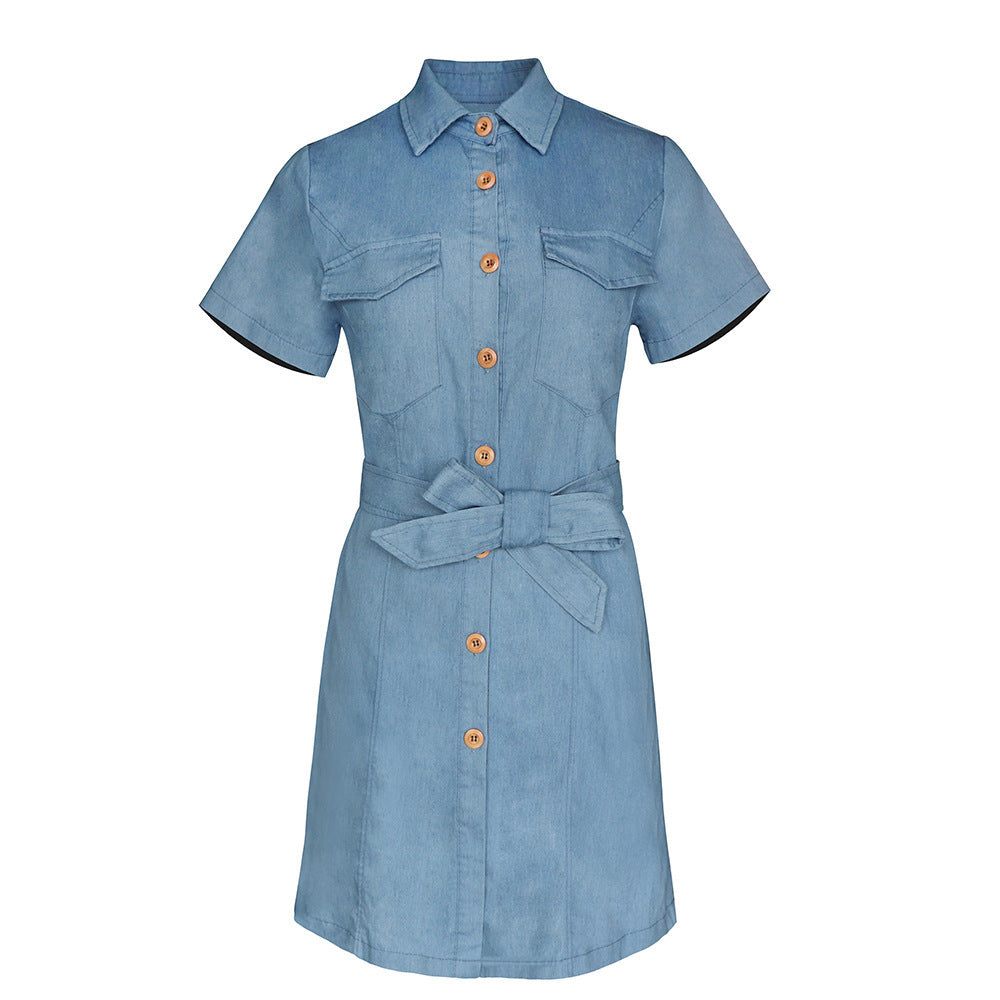 Women's Lapel Slim Short Sleeve Denim Dress - Glow Goddess