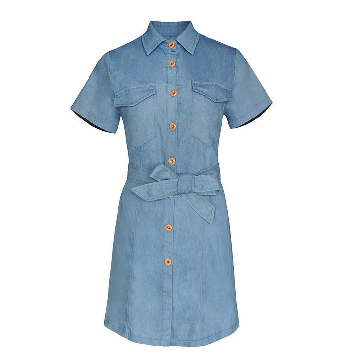 Women's Lapel Slim Short Sleeve Denim Dress - Glow Goddess
