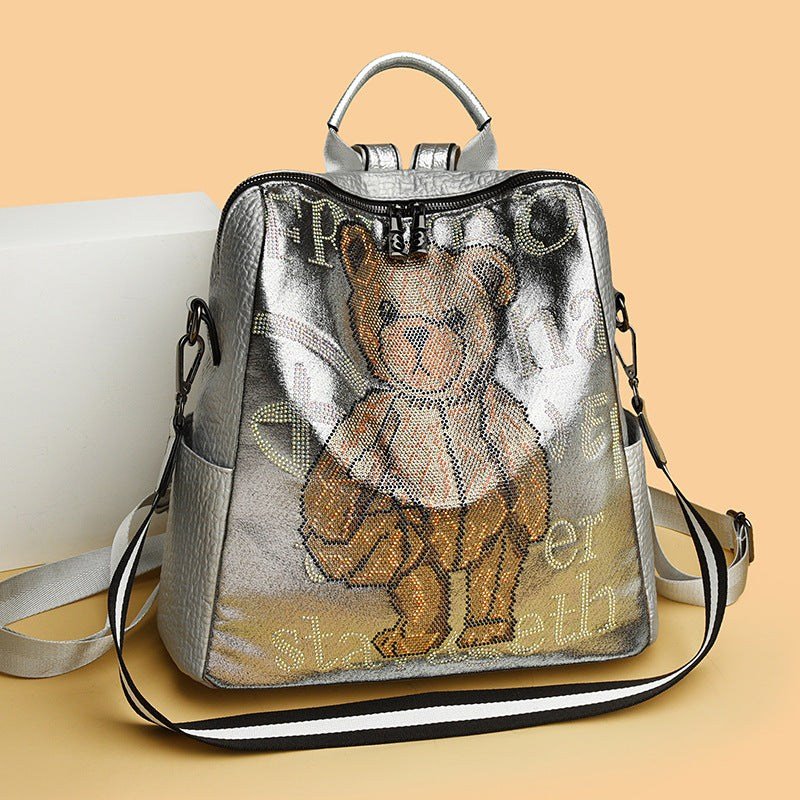 Women's Letter Multi - functional Rhinestone Bear Leather Backpack - Glow Goddess