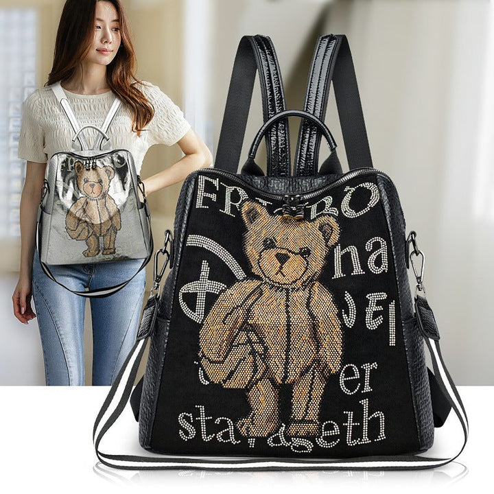 Women's Letter Multi - functional Rhinestone Bear Leather Backpack - Glow Goddess