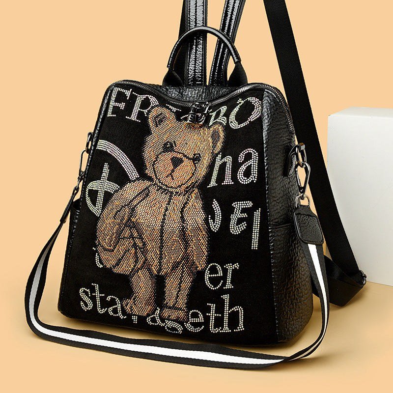 Women's Letter Multi - functional Rhinestone Bear Leather Backpack - Glow Goddess