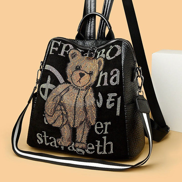 Women's Letter Multi - functional Rhinestone Bear Leather Backpack - Glow Goddess