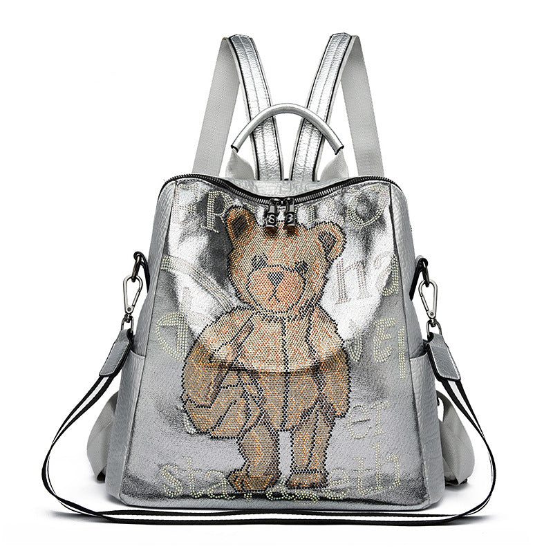 Women's Letter Multi - functional Rhinestone Bear Leather Backpack - Glow Goddess
