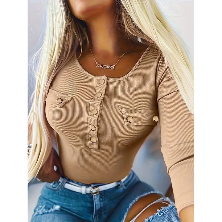 Womens Long Sleeves Ribbed Knit Tunic Shirts Scoop Neck Button - Up Tops Slim Fit Blouses - Glow Goddess
