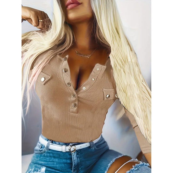 Womens Long Sleeves Ribbed Knit Tunic Shirts Scoop Neck Button - Up Tops Slim Fit Blouses - Glow Goddess