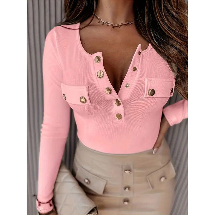 Womens Long Sleeves Ribbed Knit Tunic Shirts Scoop Neck Button - Up Tops Slim Fit Blouses - Glow Goddess