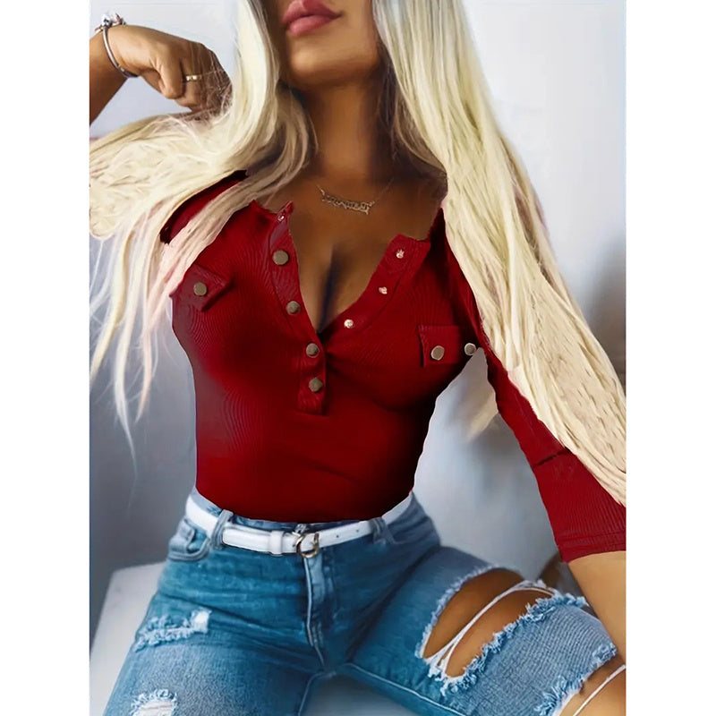 Womens Long Sleeves Ribbed Knit Tunic Shirts Scoop Neck Button - Up Tops Slim Fit Blouses - Glow Goddess