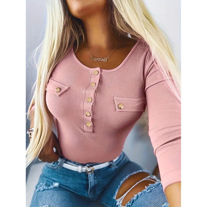 Womens Long Sleeves Ribbed Knit Tunic Shirts Scoop Neck Button - Up Tops Slim Fit Blouses - Glow Goddess