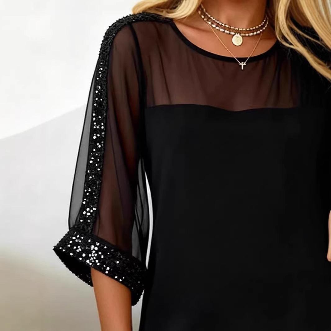 Women’s Mesh Sequin Bodycon Dress – Off - Shoulder Elegance - Glow Goddess