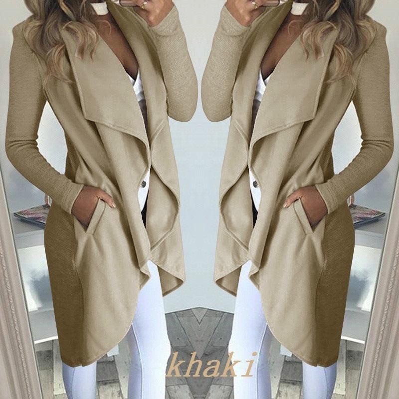Women's Plus Size Solid Color Polo Collar Slim Fit Long Trench Coat - Glow Goddess