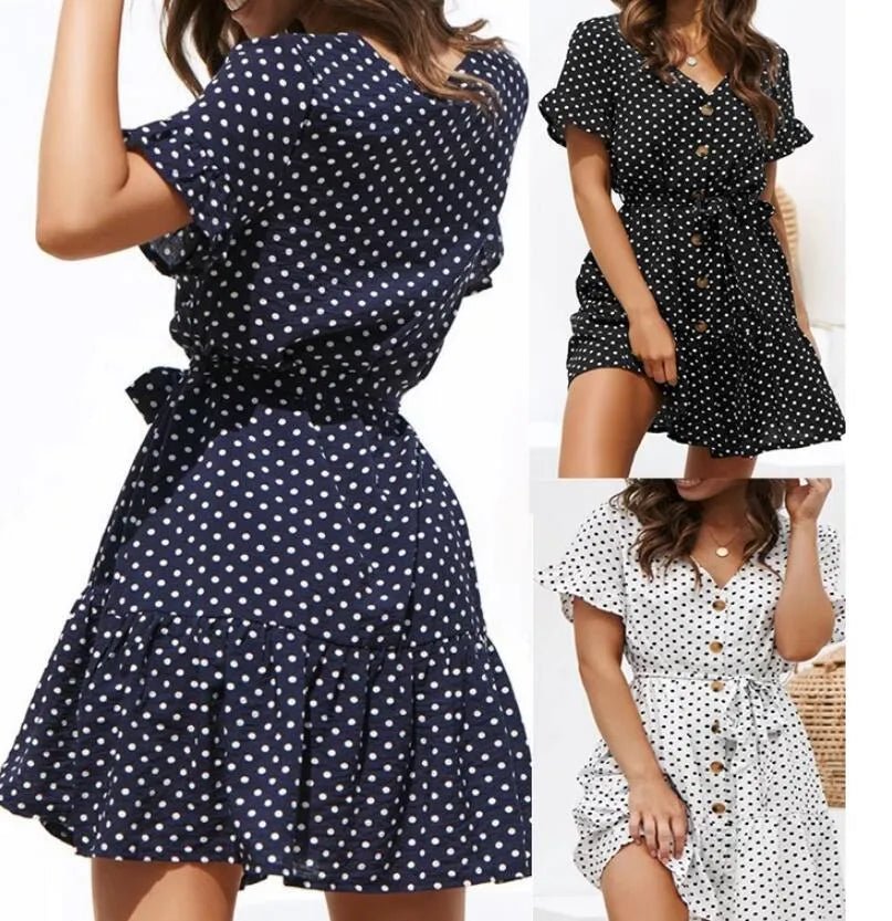 Women’s polka dot dress with V neck, ruffle design, short flounce sleeves, and above-knee casual fit