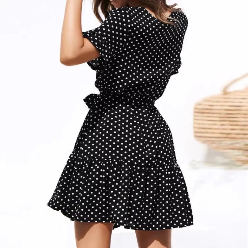 Women’s polka dot dress with V neck, ruffle design, short flounce sleeves, and above-knee casual fit