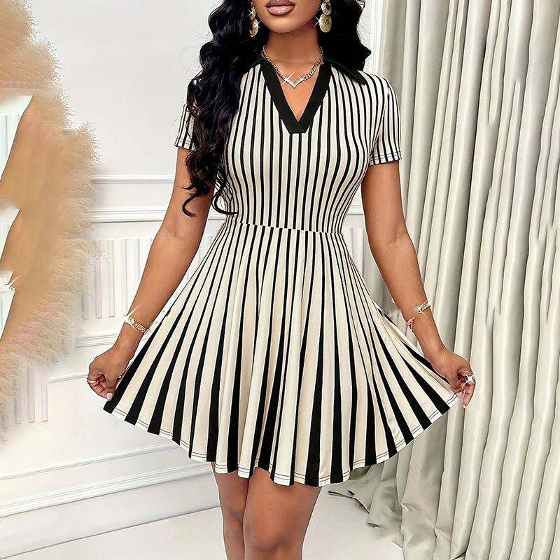 Women’s striped polo dress with V-neck, short sleeves, and flattering A-line silhouette