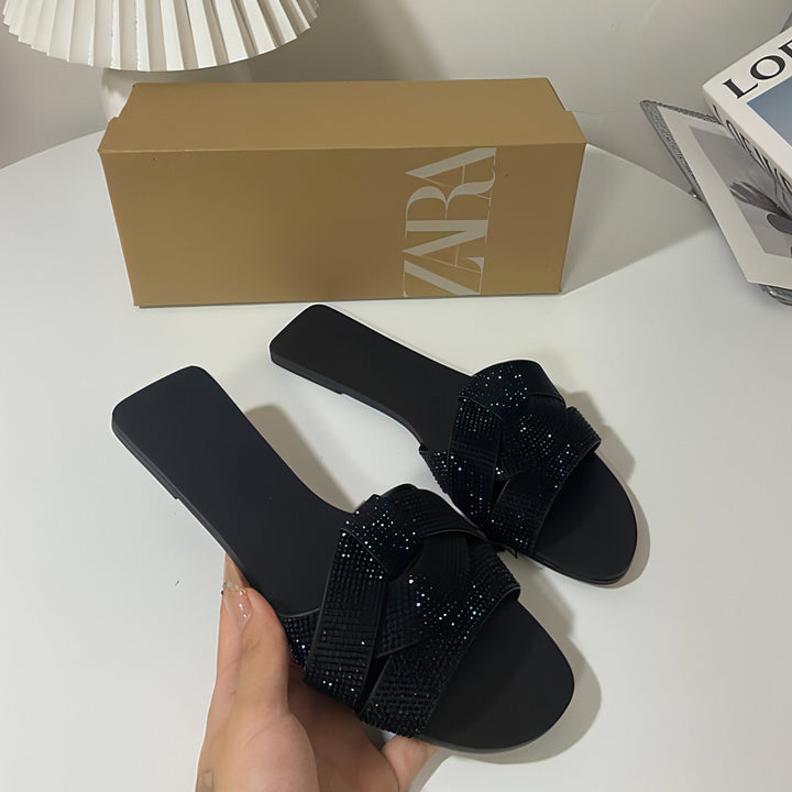 Rhinestone Fashion Flat Sandals with sparkling straps, open toe, and flat sole in summer casual style