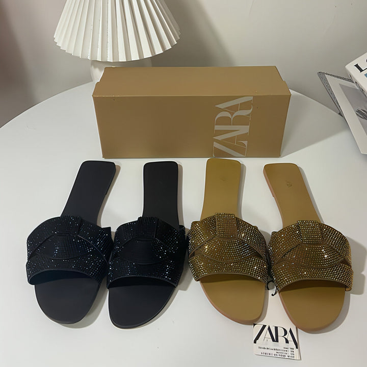 Rhinestone Fashion Flat Sandals with sparkling straps, open toe, and flat sole in summer casual style