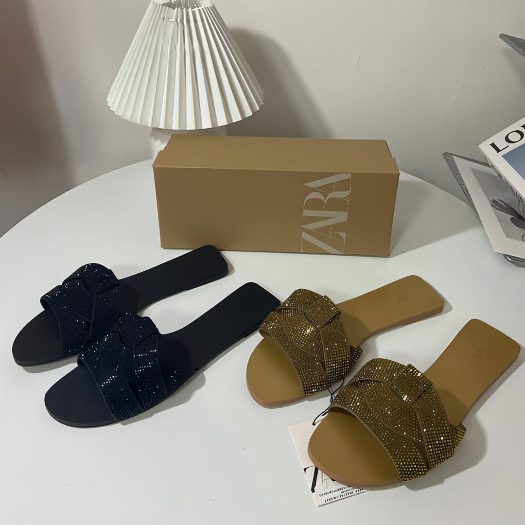 Rhinestone Fashion Flat Sandals with sparkling straps, open toe, and flat sole in summer casual style