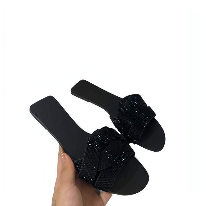 Rhinestone Fashion Flat Sandals with sparkling straps, open toe, and flat sole in summer casual style