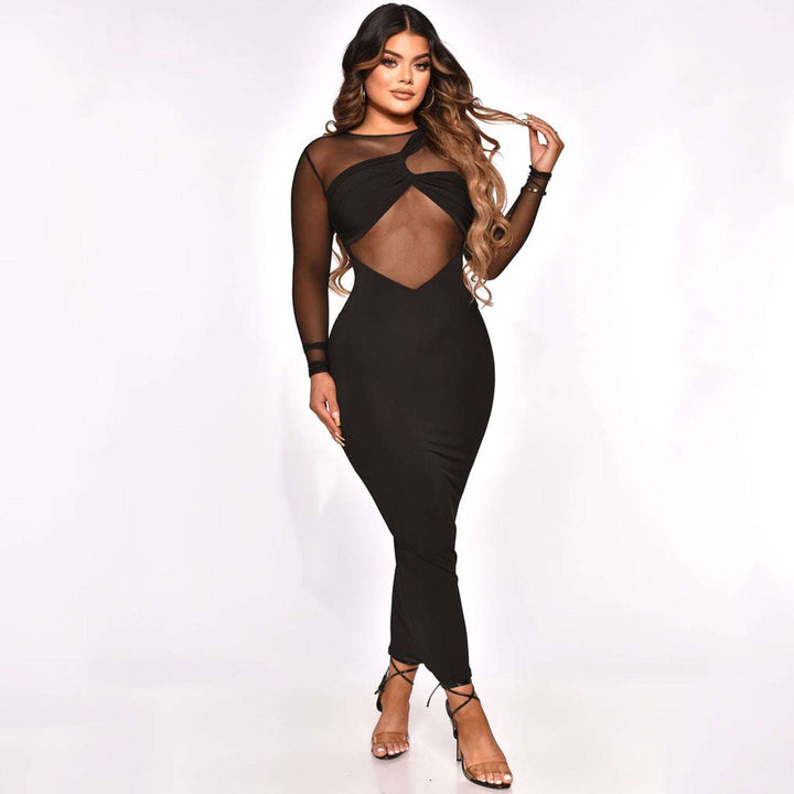 Women’s Sheer Mesh Long Sleeve Maxi Dress – Solid Black - Glow Goddess