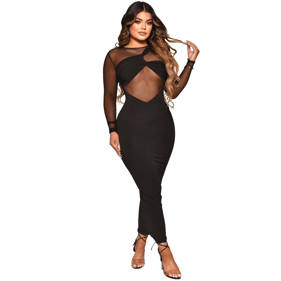 Women’s Sheer Mesh Long Sleeve Maxi Dress – Solid Black - Glow Goddess