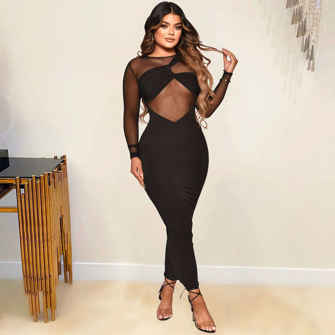 Women’s Sheer Mesh Long Sleeve Maxi Dress – Solid Black - Glow Goddess