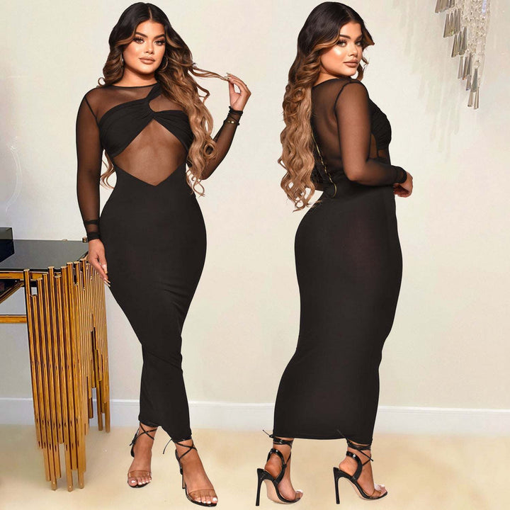 Women’s Sheer Mesh Long Sleeve Maxi Dress – Solid Black - Glow Goddess