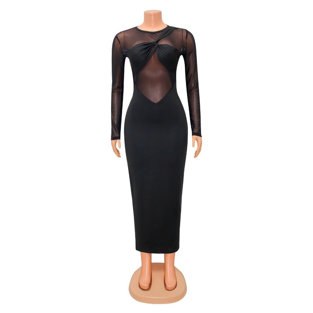 Women’s Sheer Mesh Long Sleeve Maxi Dress – Solid Black - Glow Goddess
