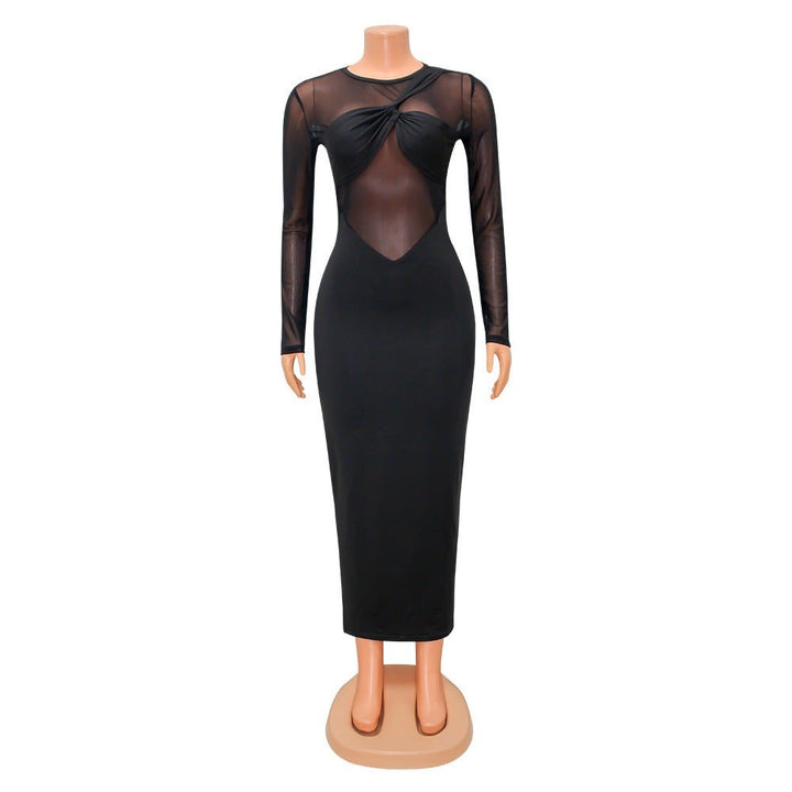 Women’s Sheer Mesh Long Sleeve Maxi Dress – Solid Black - Glow Goddess