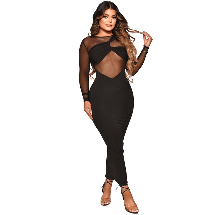 Women’s Sheer Mesh Long Sleeve Maxi Dress – Solid Black - Glow Goddess