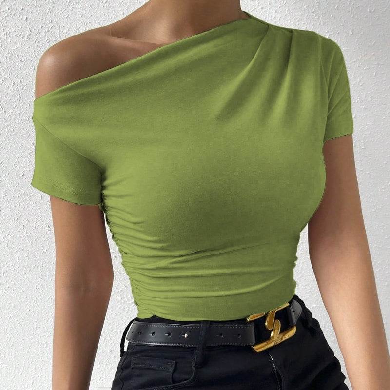 Women’s Slim - Fit Pleated Short - Sleeve Top – Elegant Irregular Hem Blouse - Glow Goddess