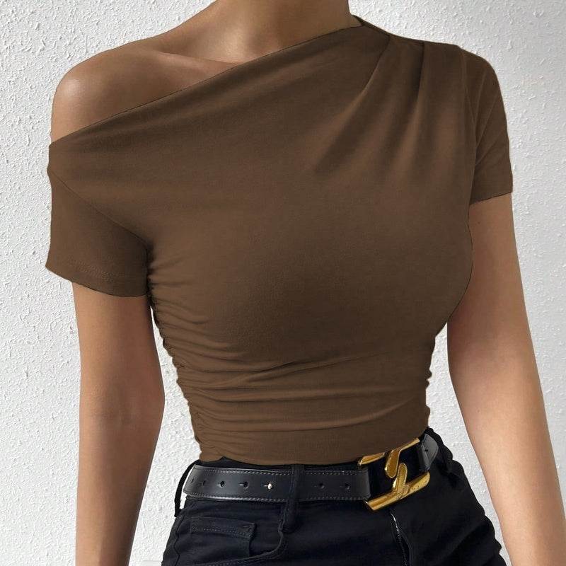 Women’s Slim - Fit Pleated Short - Sleeve Top – Elegant Irregular Hem Blouse - Glow Goddess