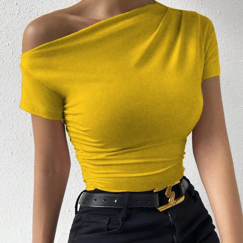 Women’s Slim - Fit Pleated Short - Sleeve Top – Elegant Irregular Hem Blouse - Glow Goddess