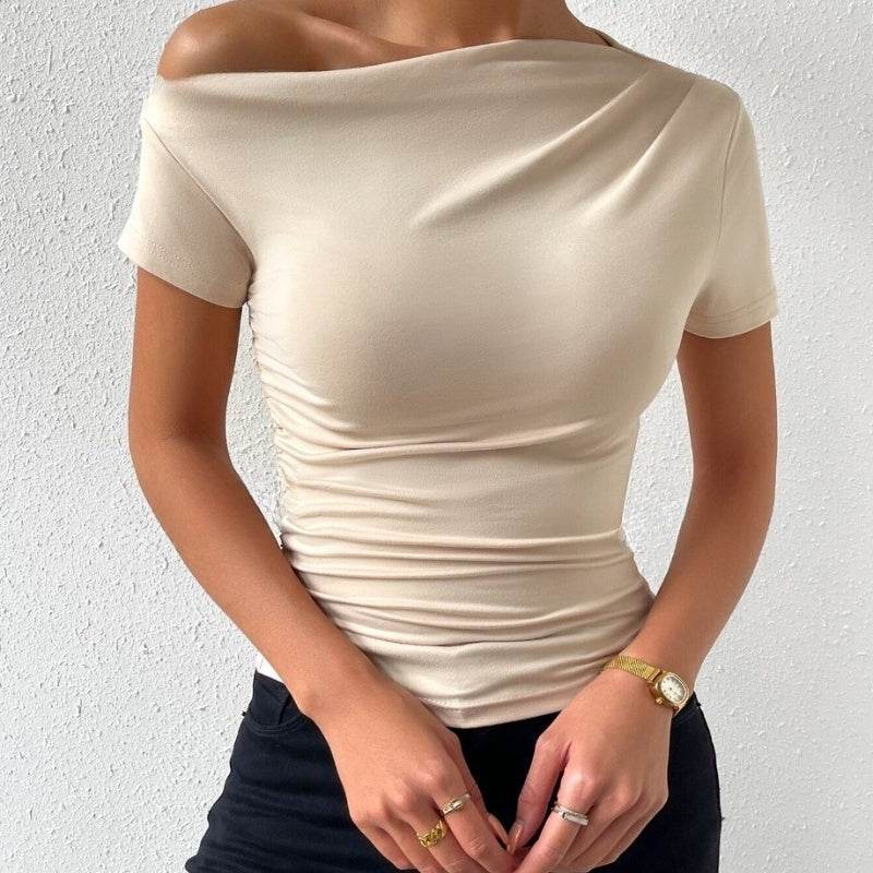 Women’s Slim - Fit Pleated Short - Sleeve Top – Elegant Irregular Hem Blouse - Glow Goddess