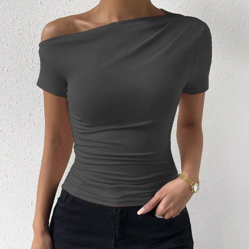Women’s Slim - Fit Pleated Short - Sleeve Top – Elegant Irregular Hem Blouse - Glow Goddess