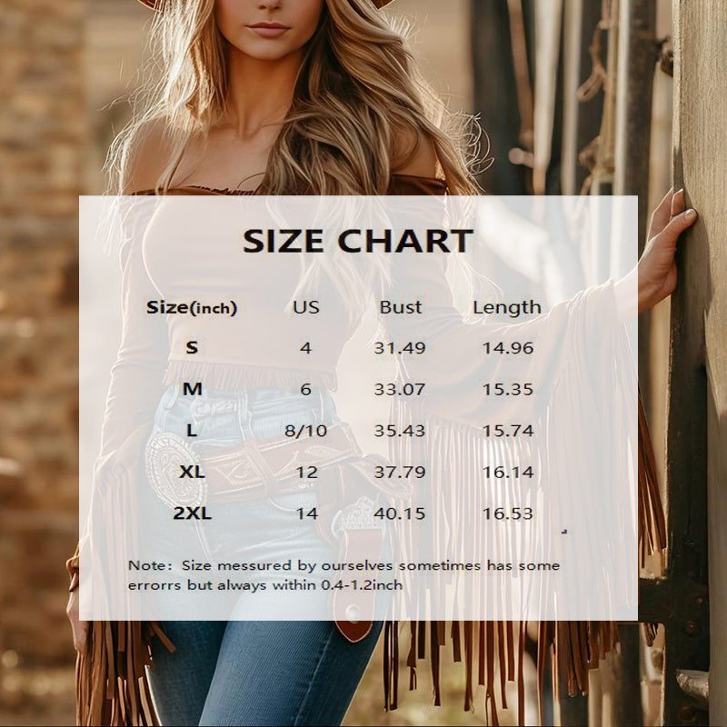 Women's Solid Color Western Cowgirl Style Off - Shoulder Fringe Top - Sexy Slim Fitted Long Sleeve Tassel Blouse - Glow Goddess