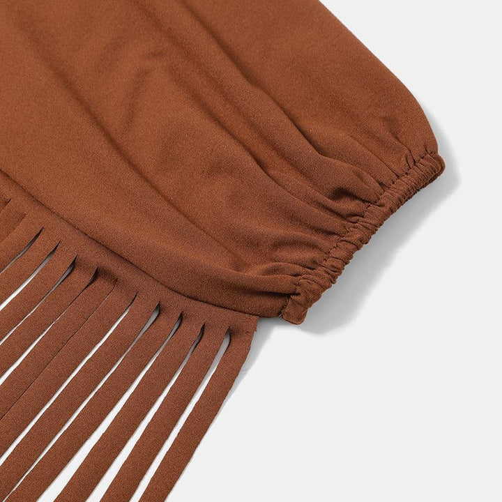 Women's Solid Color Western Cowgirl Style Off - Shoulder Fringe Top - Sexy Slim Fitted Long Sleeve Tassel Blouse - Glow Goddess