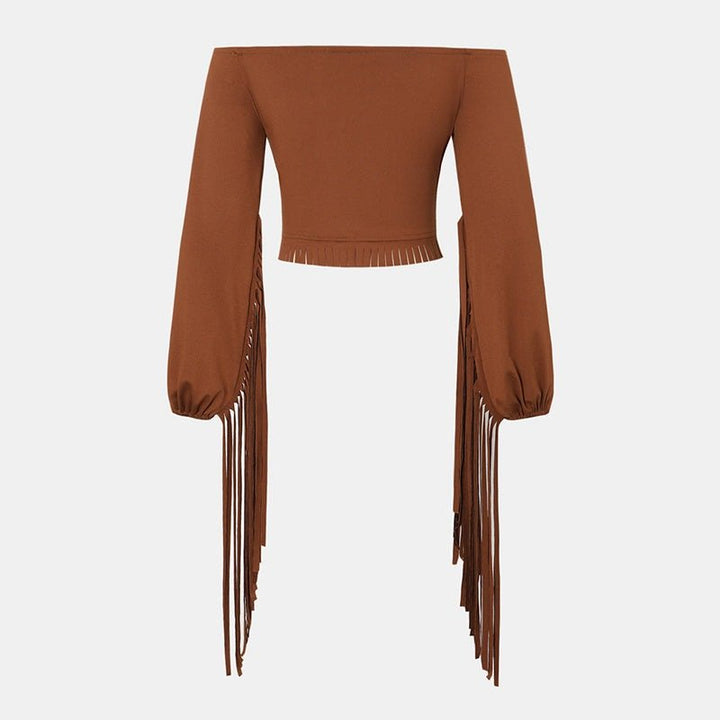 Women's Solid Color Western Cowgirl Style Off - Shoulder Fringe Top - Sexy Slim Fitted Long Sleeve Tassel Blouse - Glow Goddess
