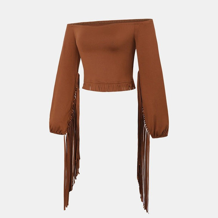 Women's Solid Color Western Cowgirl Style Off - Shoulder Fringe Top - Sexy Slim Fitted Long Sleeve Tassel Blouse - Glow Goddess