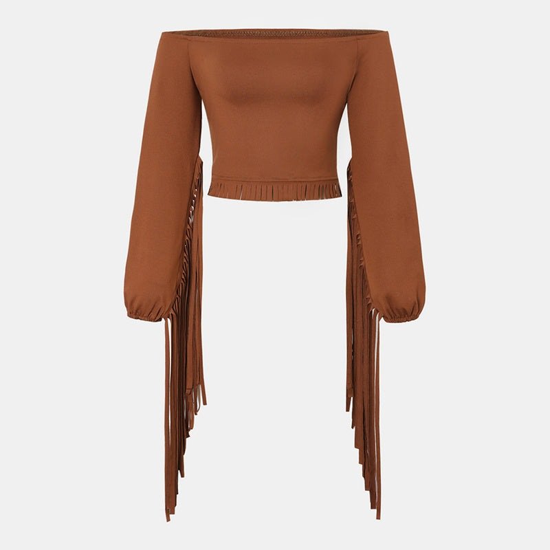 Women's Solid Color Western Cowgirl Style Off - Shoulder Fringe Top - Sexy Slim Fitted Long Sleeve Tassel Blouse - Glow Goddess